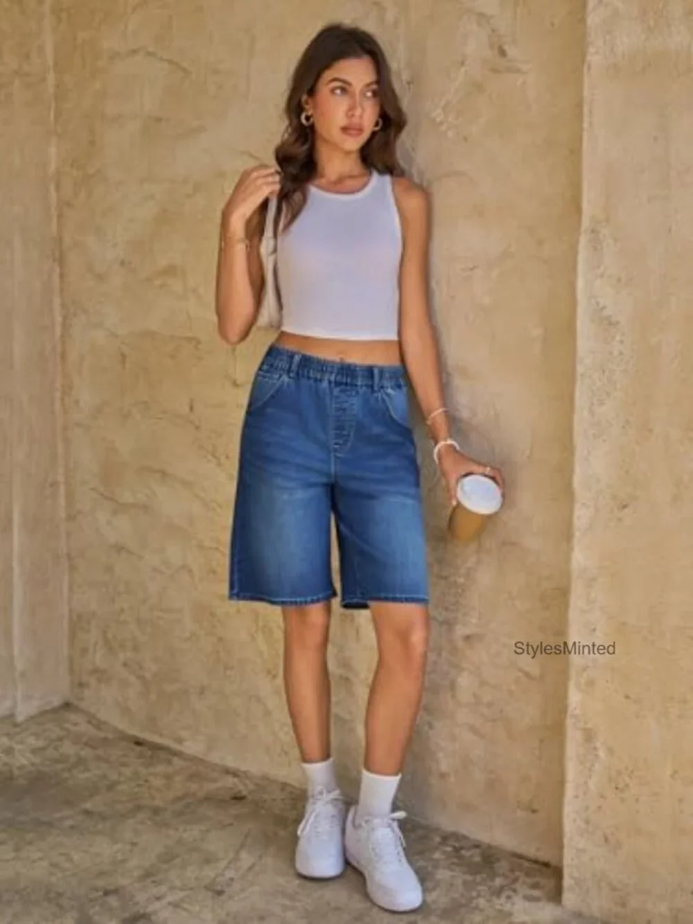 Womens Bermuda Jean Shorts Elastic Waisted Long Denim Shorts Baggy Jorts Knee